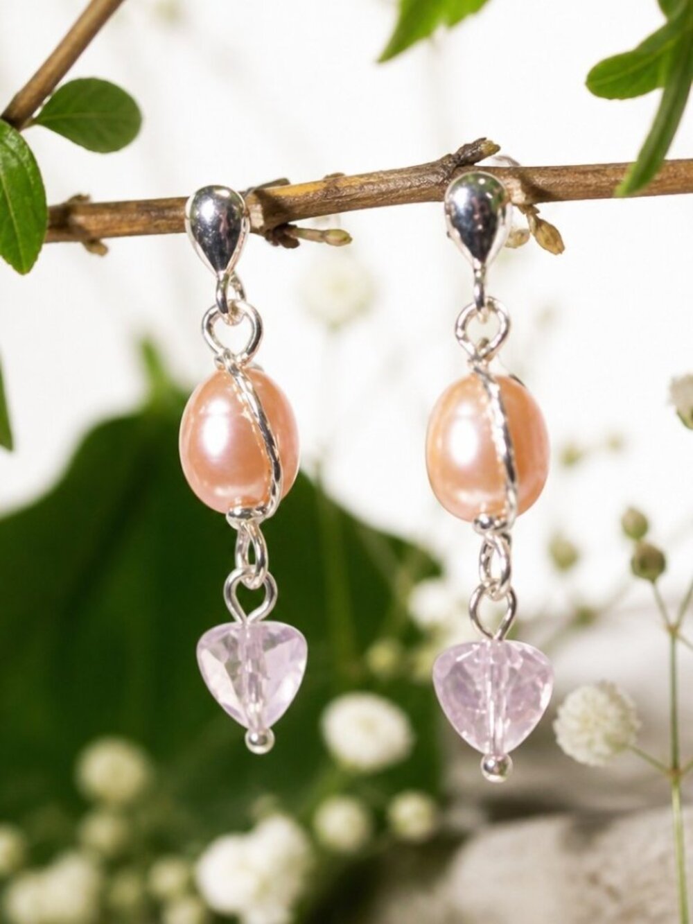 Handmade Rose Quartz and Freshwater Pearl Earrings in Sterling Silver